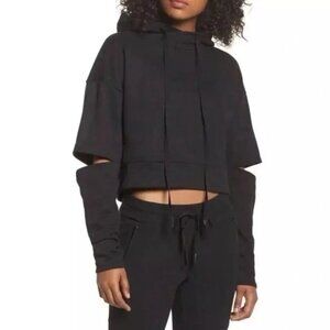 ALO YOGA Peak Elbow Cutout Cropped Sweatshirt Hoodie in Black Women’s Sz Small